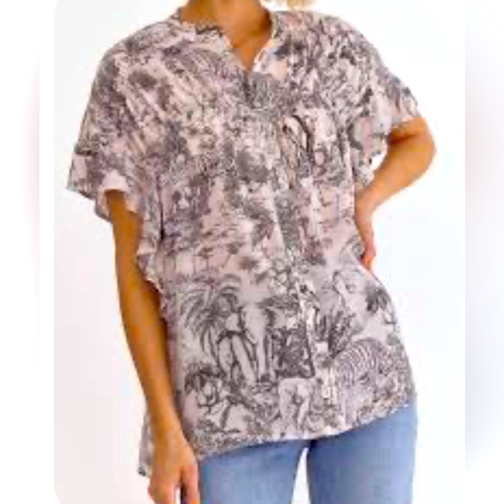 Entro Safari Print Ruffle Flutter Sleeve Blouse Top, Large, Animal Jungle Print